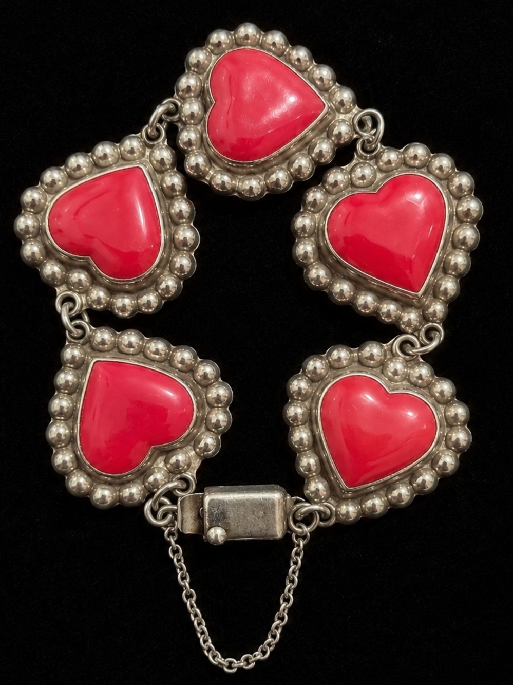 Vintage Mexican Sterling Red Enamel Heart Bracelet 50 Grams